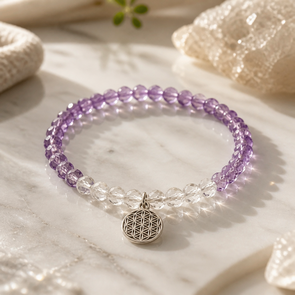Amethyst und Bergkristall Armband mit Blume des Lebens Silber