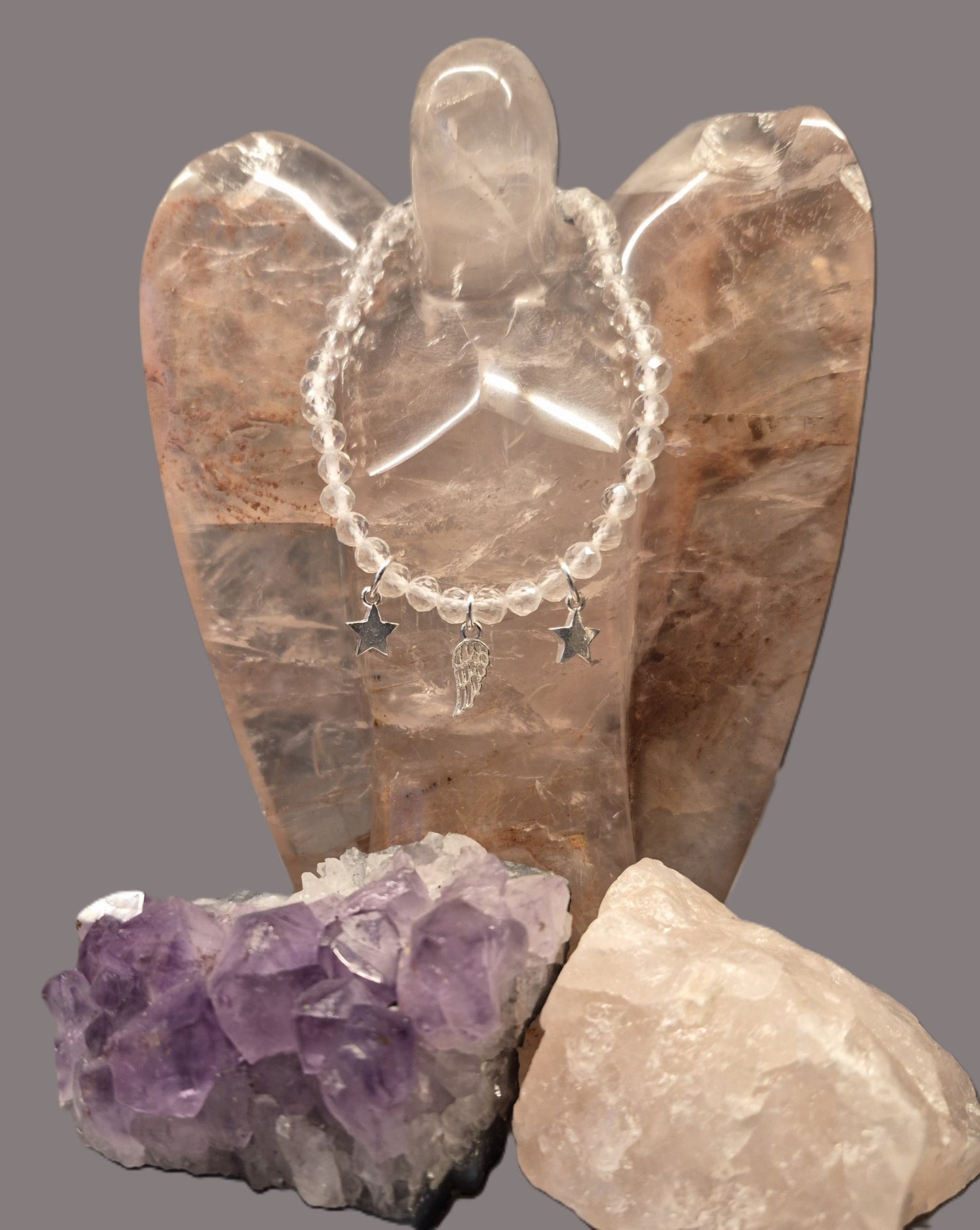 Armband Bergkristall, Anhänger Stern und Engelsfllügel Silber - Energie, Klarheit und innere Balance