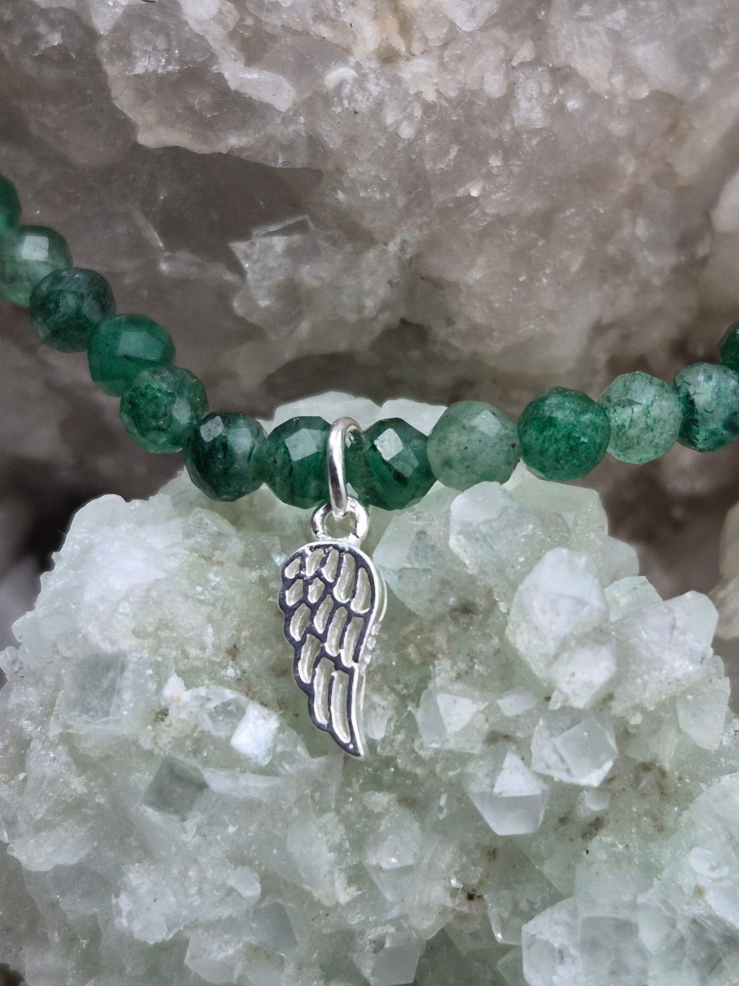 Edelsteinarmband Sternaventurin mit Engelsflügelanhänger, 925 Sterlingsilber