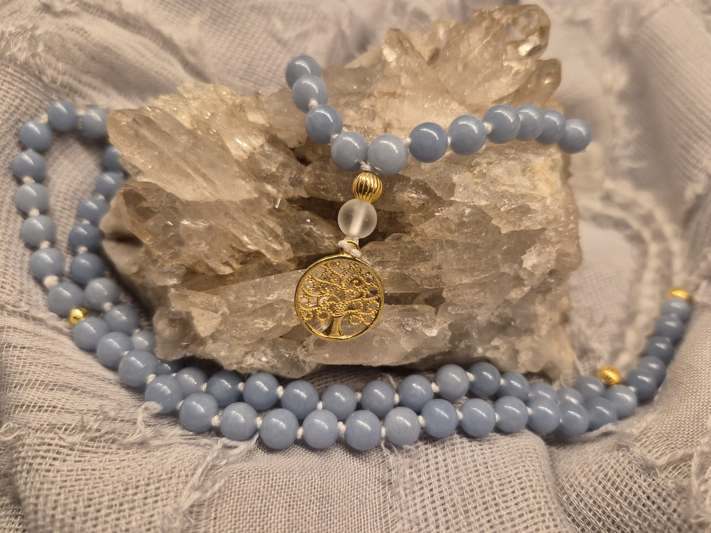 Mala Innerpeace – Bergkristall & Angelit - Ruhe, Klarheit und spirituelle Verbundenheit