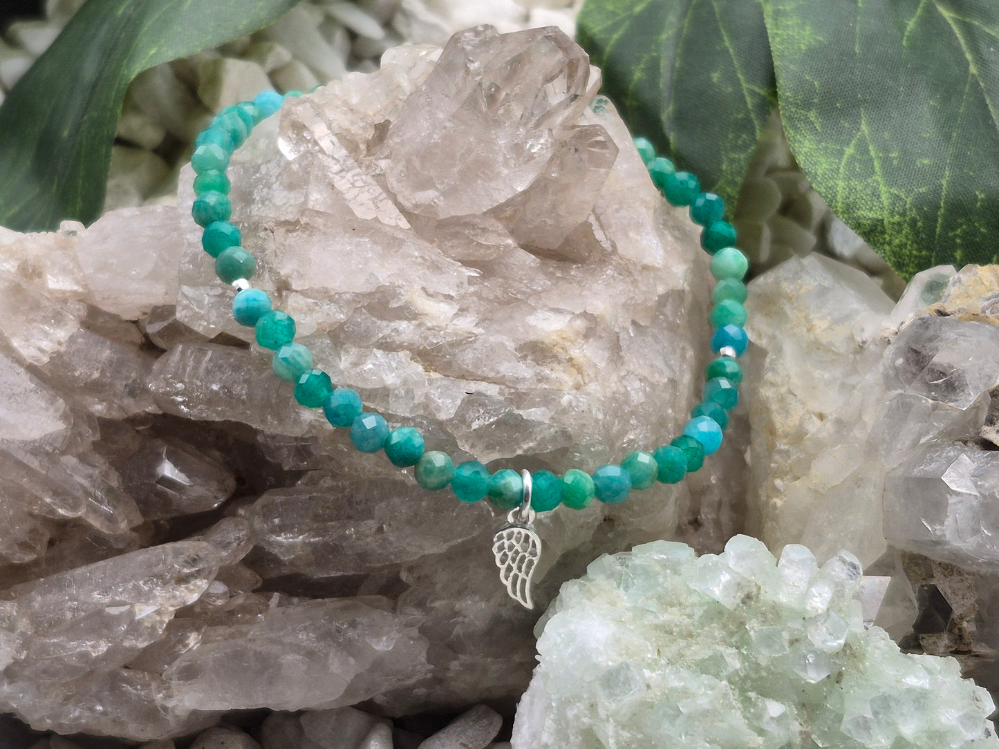 Edelsteinarmband Amazonit mit Engelsflügelanhänger, 925 Sterlingsilber