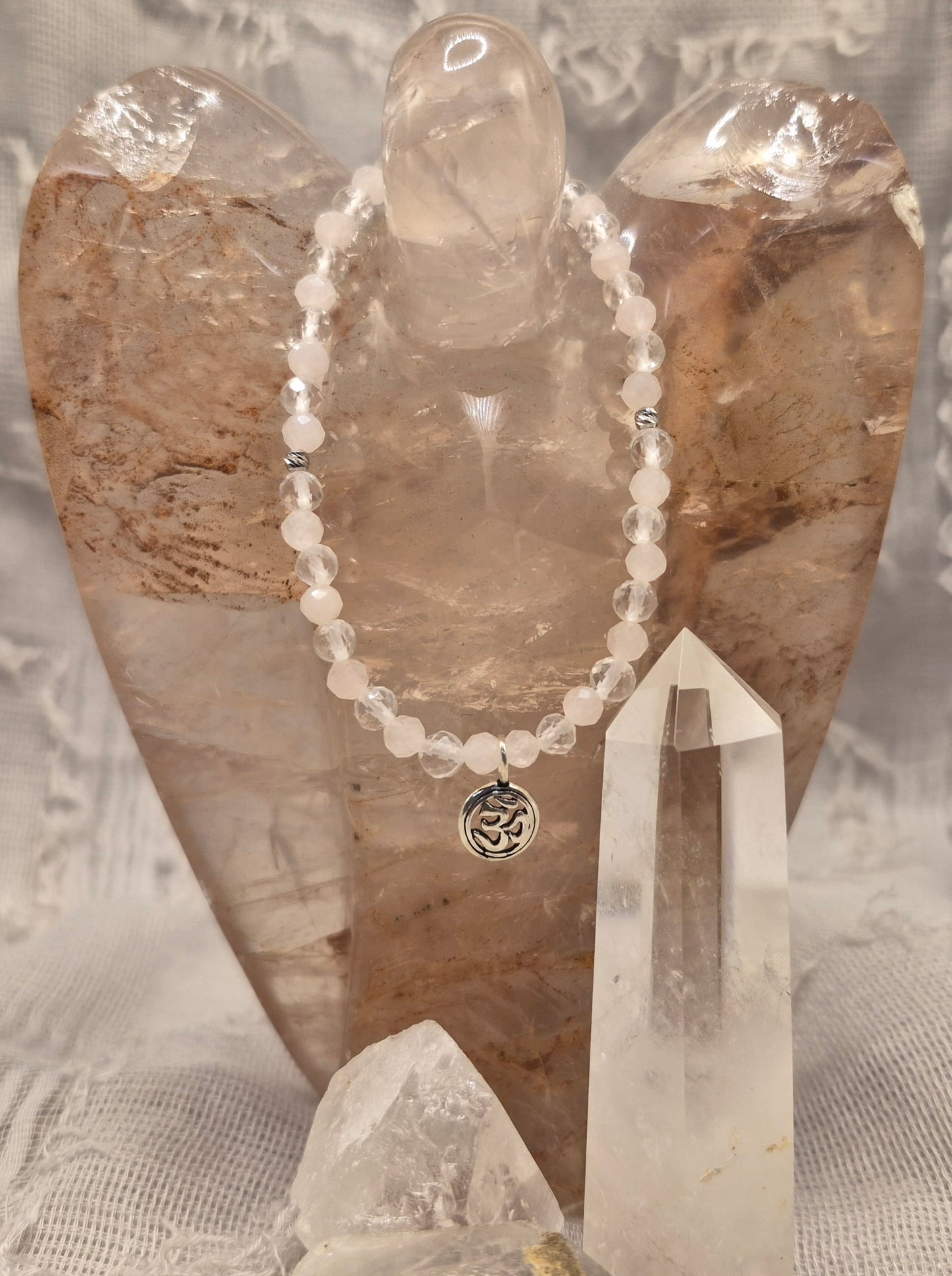 Rosenquarz und Bergkristall, Armband mit "OM" Anhänger Silber