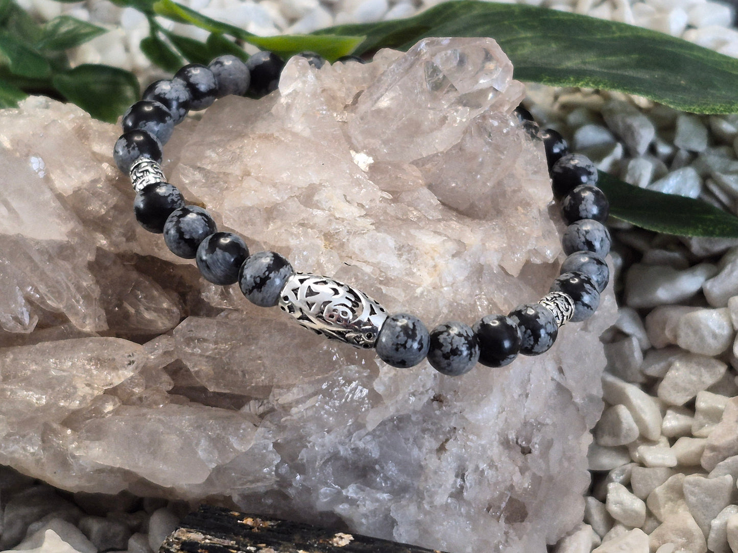 Schneeflockenobsidian Armband mit Glücksperle 925 Sterlingsilber