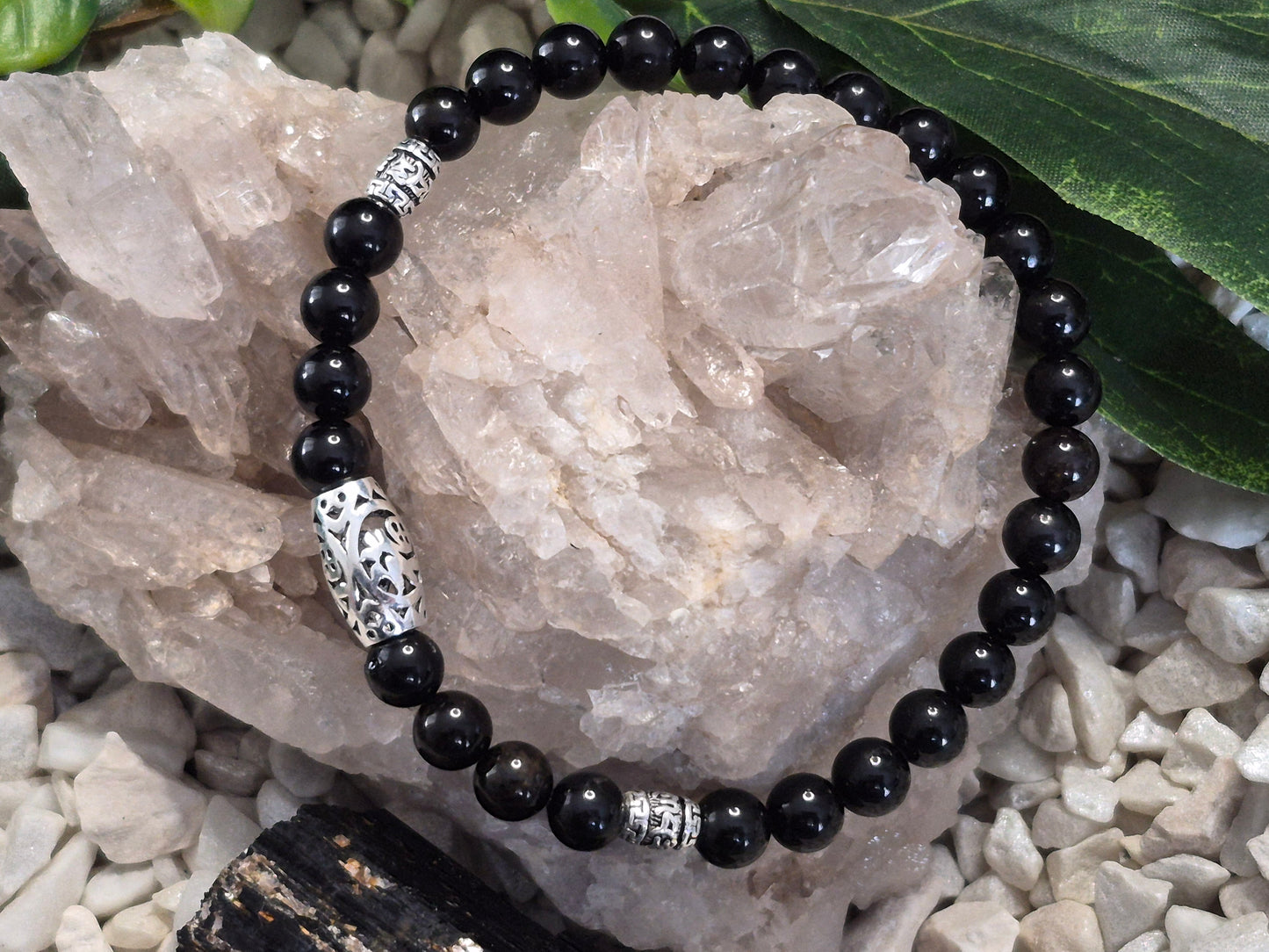 Schwarzes Turmalin Armband mit Glücksperle 925 Sterlingsilber