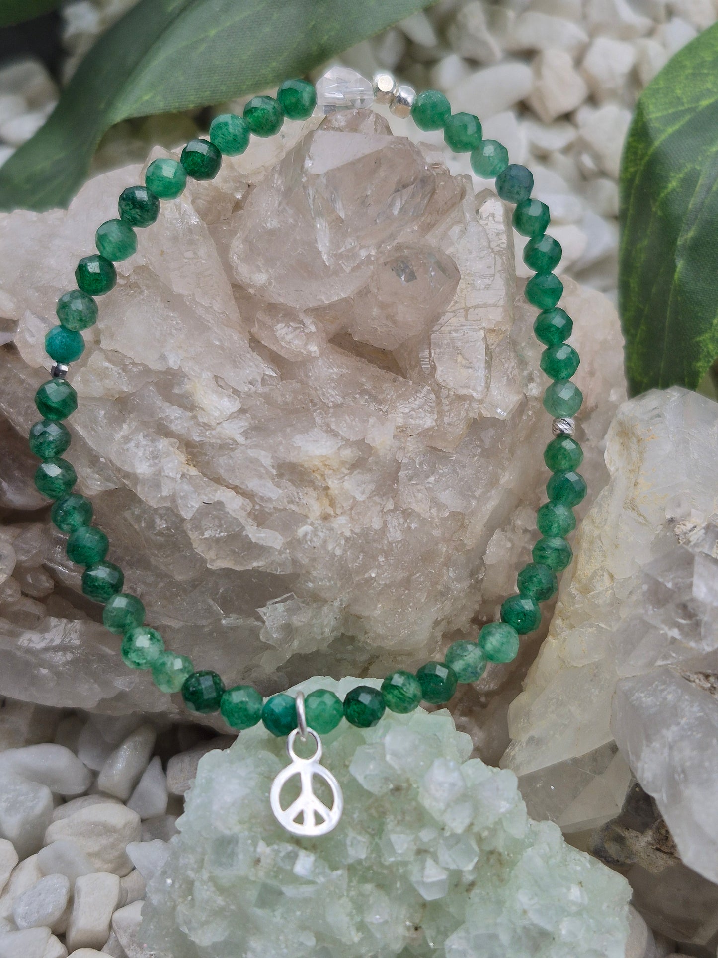 Sternaventurin mit Bergkristallperle Armband mit Peaceanhänger, 925 Sterlingsilber