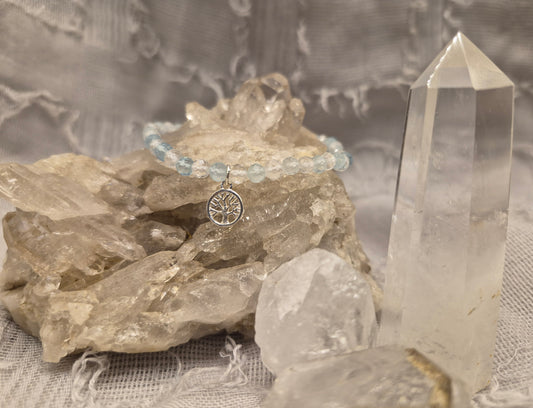Armband Aquamarin und Bergkristall, Lebensbaum Silber - Klarheit, Ruhe und innere Harmonie