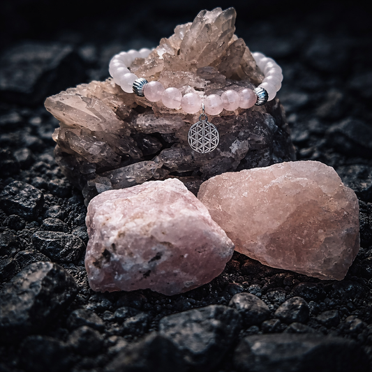 Edelsteinarmband Rosenquarz, Bergkristall mattiert und Anhänger Blume des Lebens, 925 Sterlingsilber