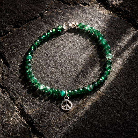 Edelsteinarmband Sternaventurin mit Bergkristallperle und Peaceanhänger, 925 Sterlingsilber