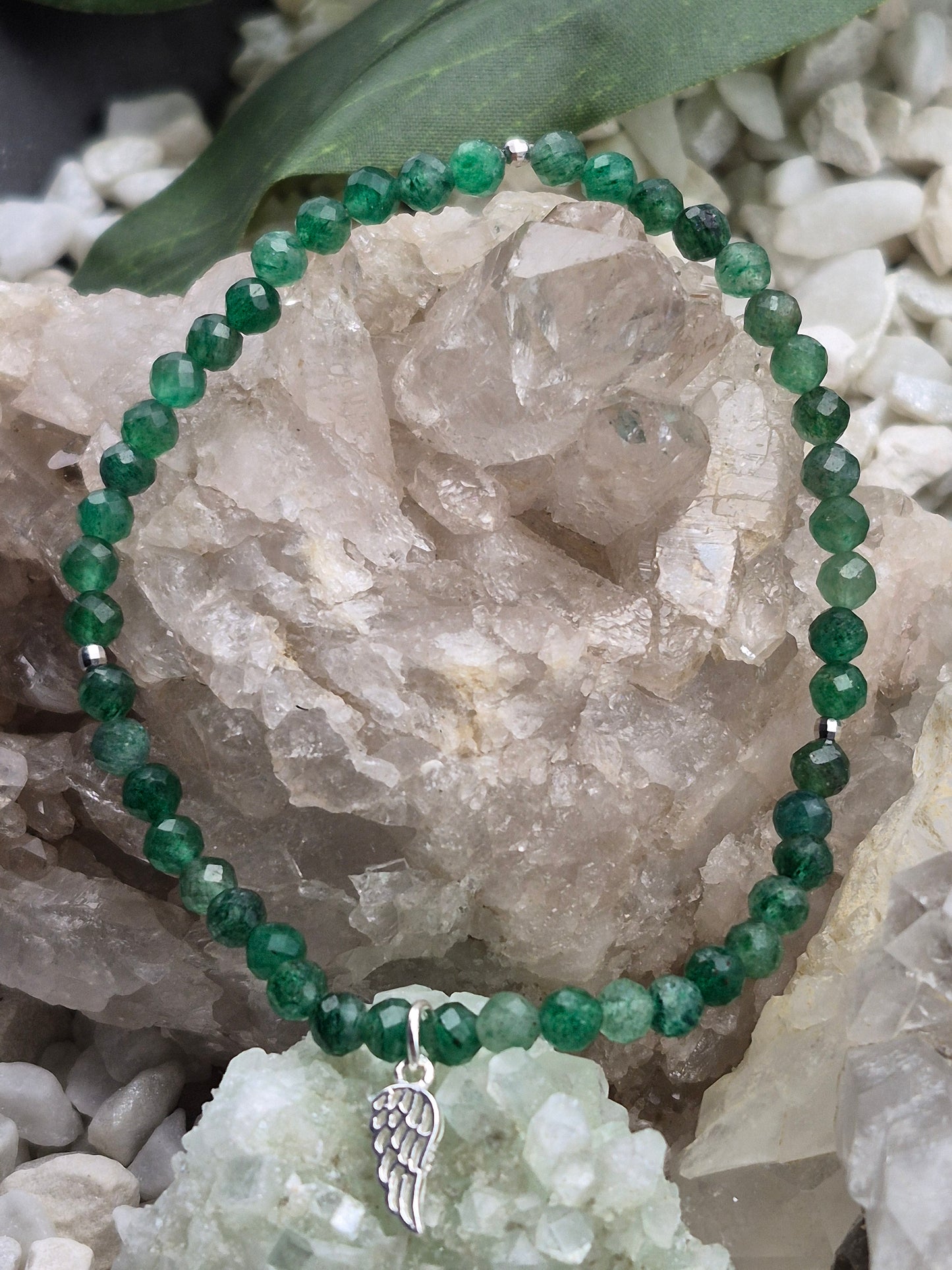 Edelsteinarmband Sternaventurin mit Engelsflügelanhänger, 925 Sterlingsilber