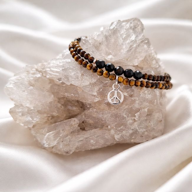 Armband Tigerauge mit Anhänger "Peace", 925 Sterlingsilber