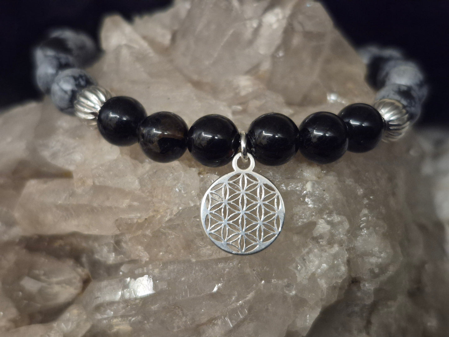 Edelsteinarmband schwarzer Turmalin, Schneeflockenobsidian und Blume des Lebens Anhänger, 925 Sterlingsilber