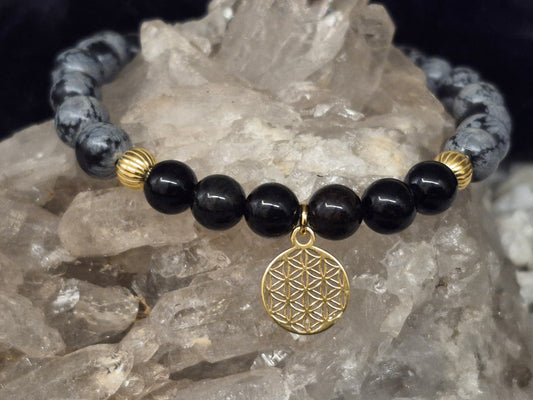 Edelsteinarmband schwarzer Turmalin, Schneeflockenobsidan und Blume des Lebens, vergoldet