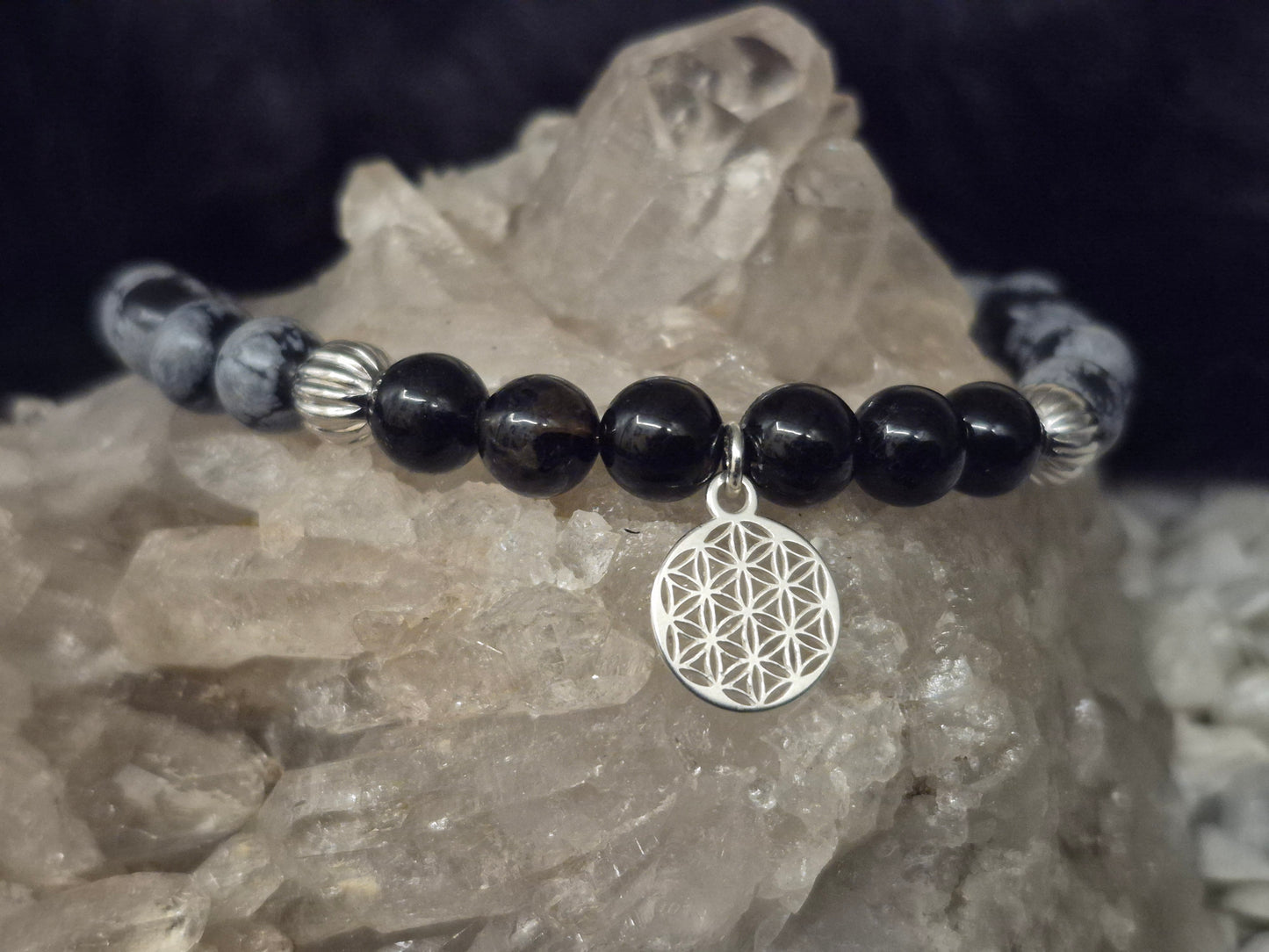 Edelsteinarmband schwarzer Turmalin, Schneeflockenobsidian und Blume des Lebens Anhänger, 925 Sterlingsilber