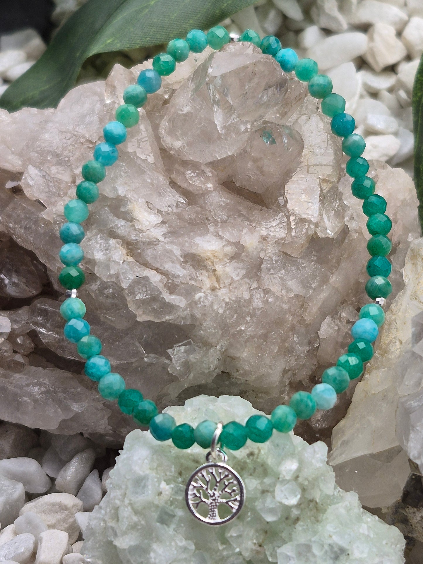 Edelsteinarmband Amazonit mit Lebensbaumanhänger, 925 Sterlingsilber