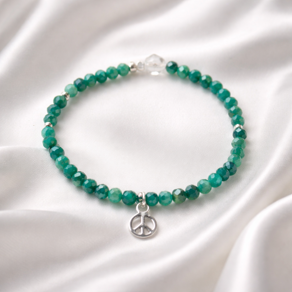 Edelsteinarmband Amazonit, Bergkristallperle und Peace-Anhänger, 925 Sterlingsilber