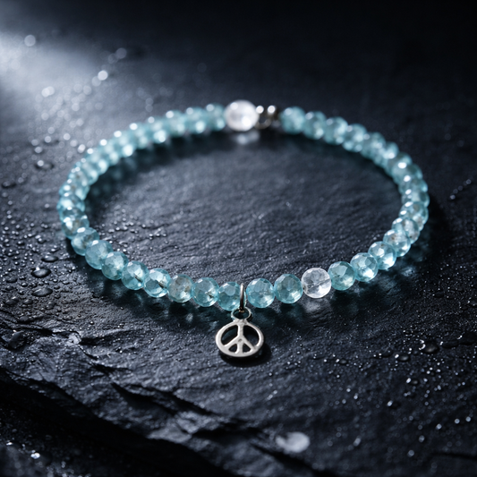 Edelsteinarmband Apatit mit Bergkristallperle und Anhänger Peace, 925 Sterlingsilber