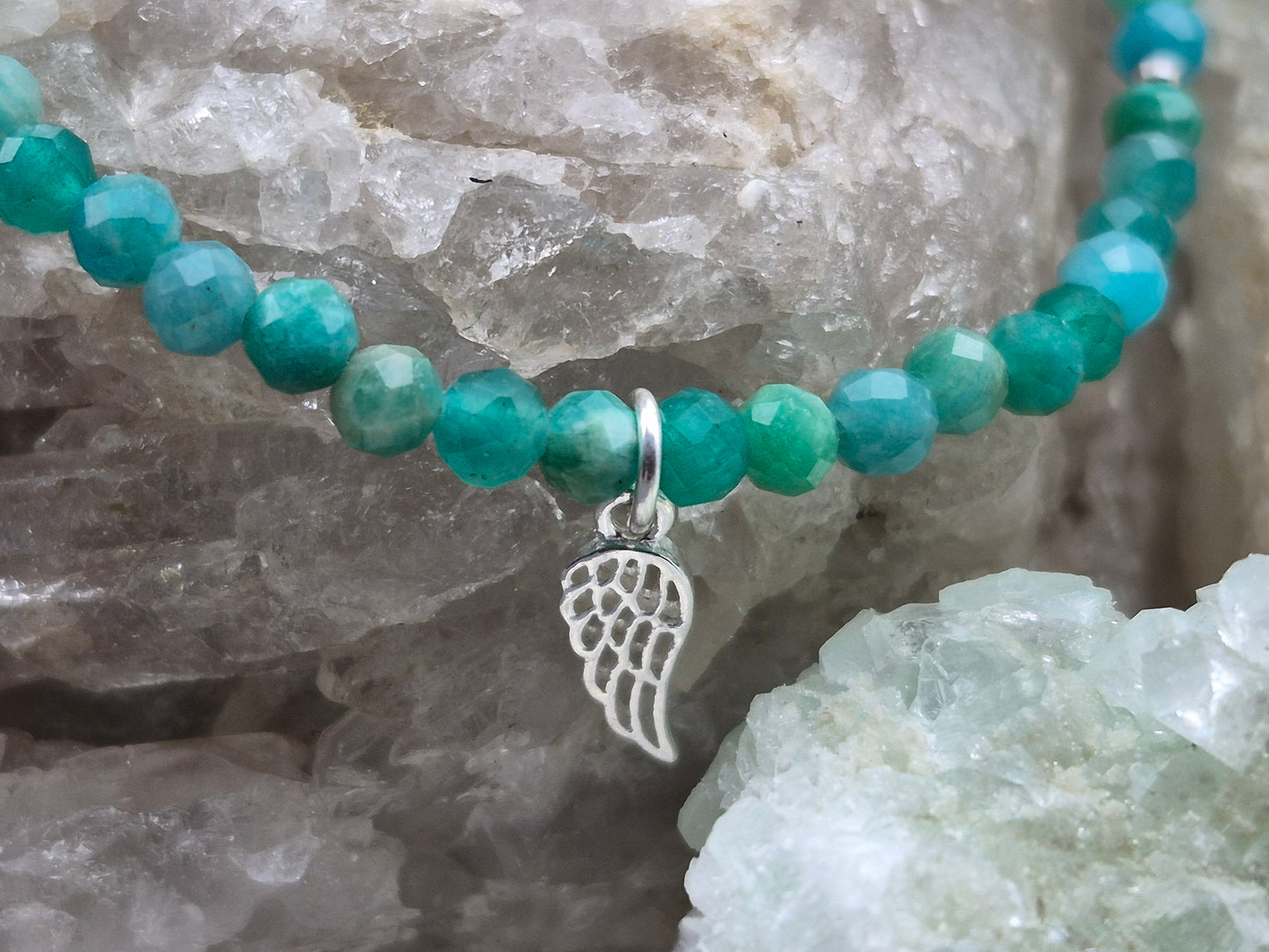 Edelsteinarmband Amazonit mit Engelsflügelanhänger, 925 Sterlingsilber