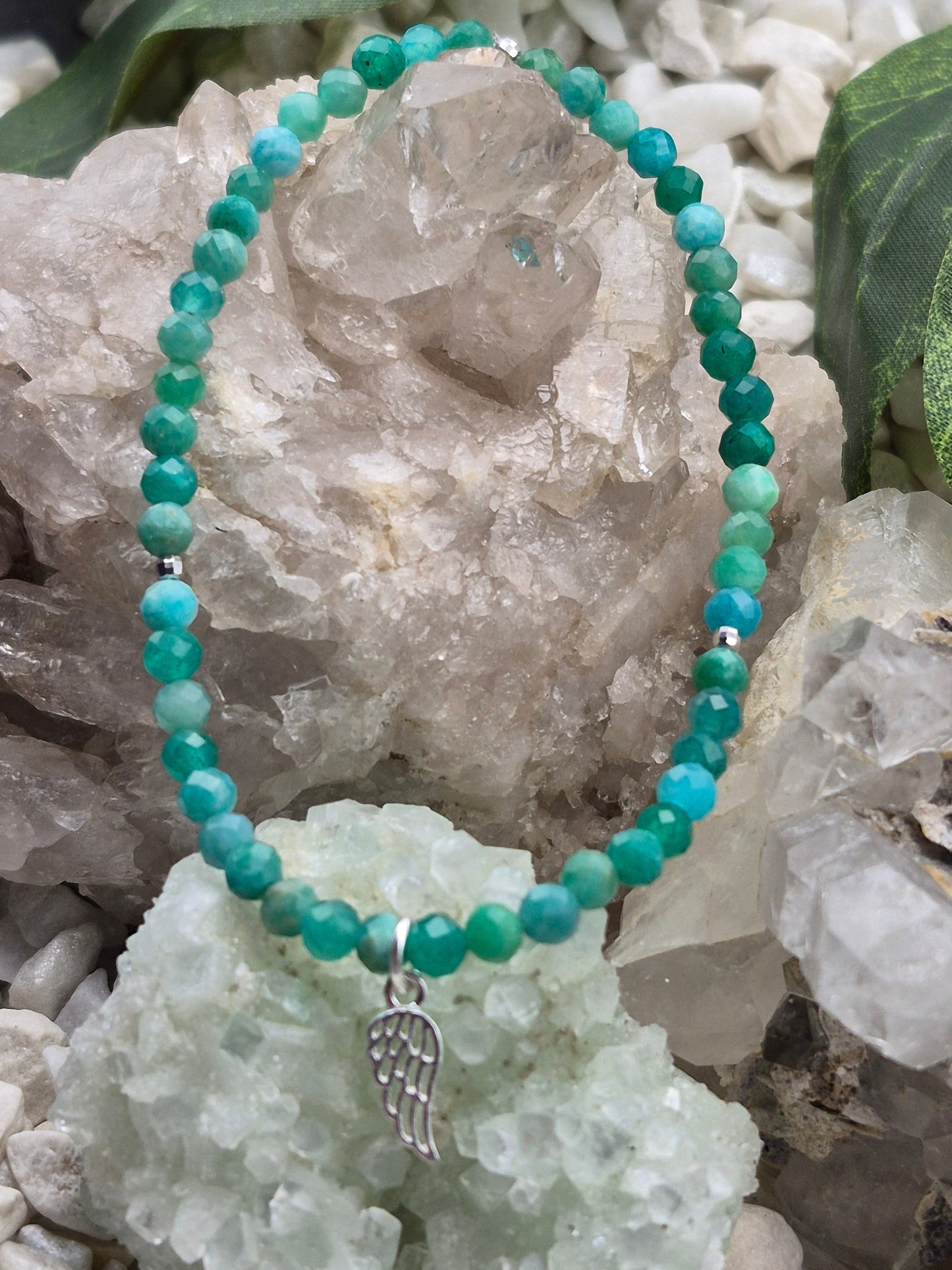 Edelsteinarmband Amazonit mit Engelsflügelanhänger, 925 Sterlingsilber