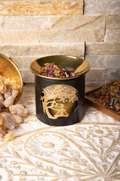 Räuchergefäß Buddha unterm Bodhibaum mit goldener Edelstahlschale