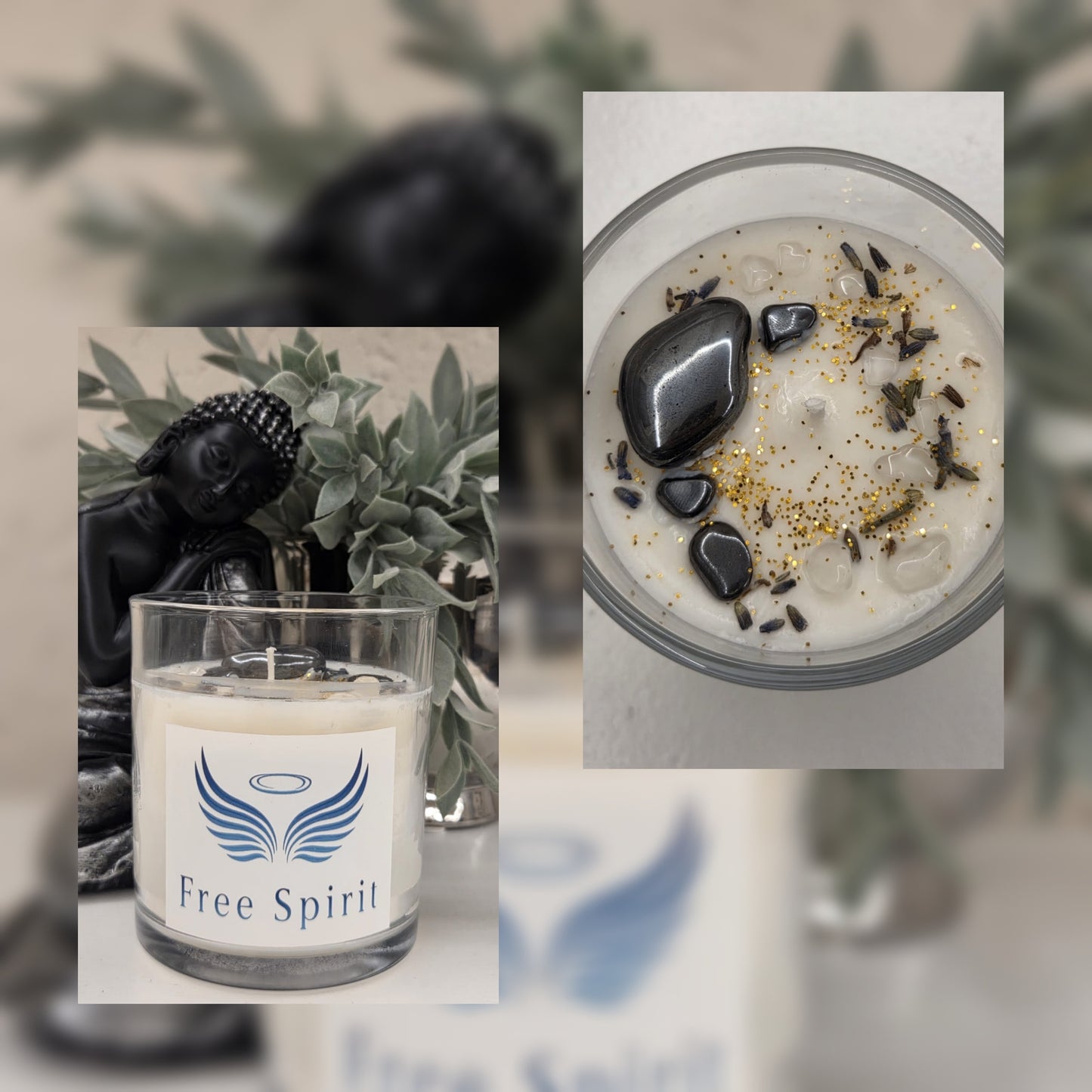 Iron Heaven - Edelsteinkerze Hämatit & Bergkristall