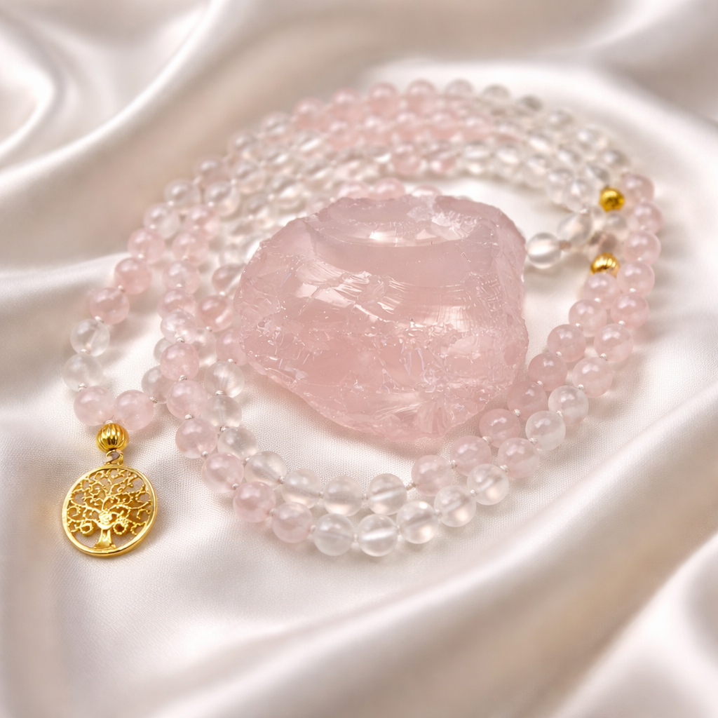 Mala Pure Love - Rosenquarz & matter Bergkristall - Herzöffnung, Selbstliebe und Harmonie