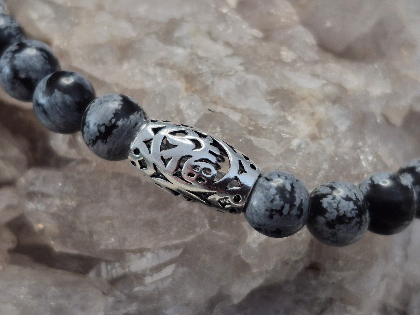 Schneeflockenobsidian Armband mit Glücksperle 925 Sterlingsilber