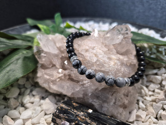 Schwarzer Turmalin kombiniert mit Schneeflockenobsidian Armband mit Zwischenteilen 925 Sterlingsilber