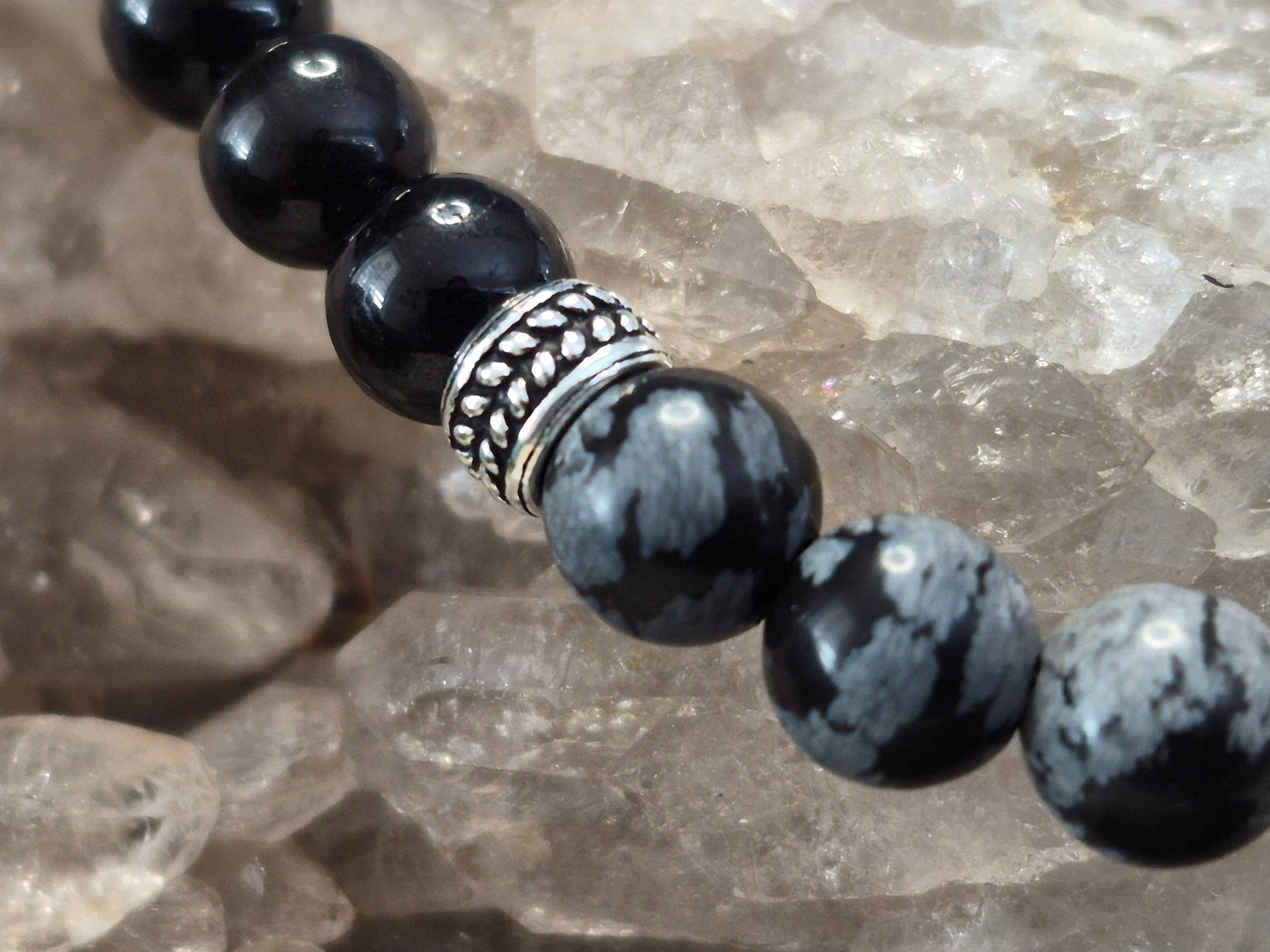 Schwarzer Turmalin kombiniert mit Schneeflockenobsidian Armband mit Zwischenteilen 925 Sterlingsilber
