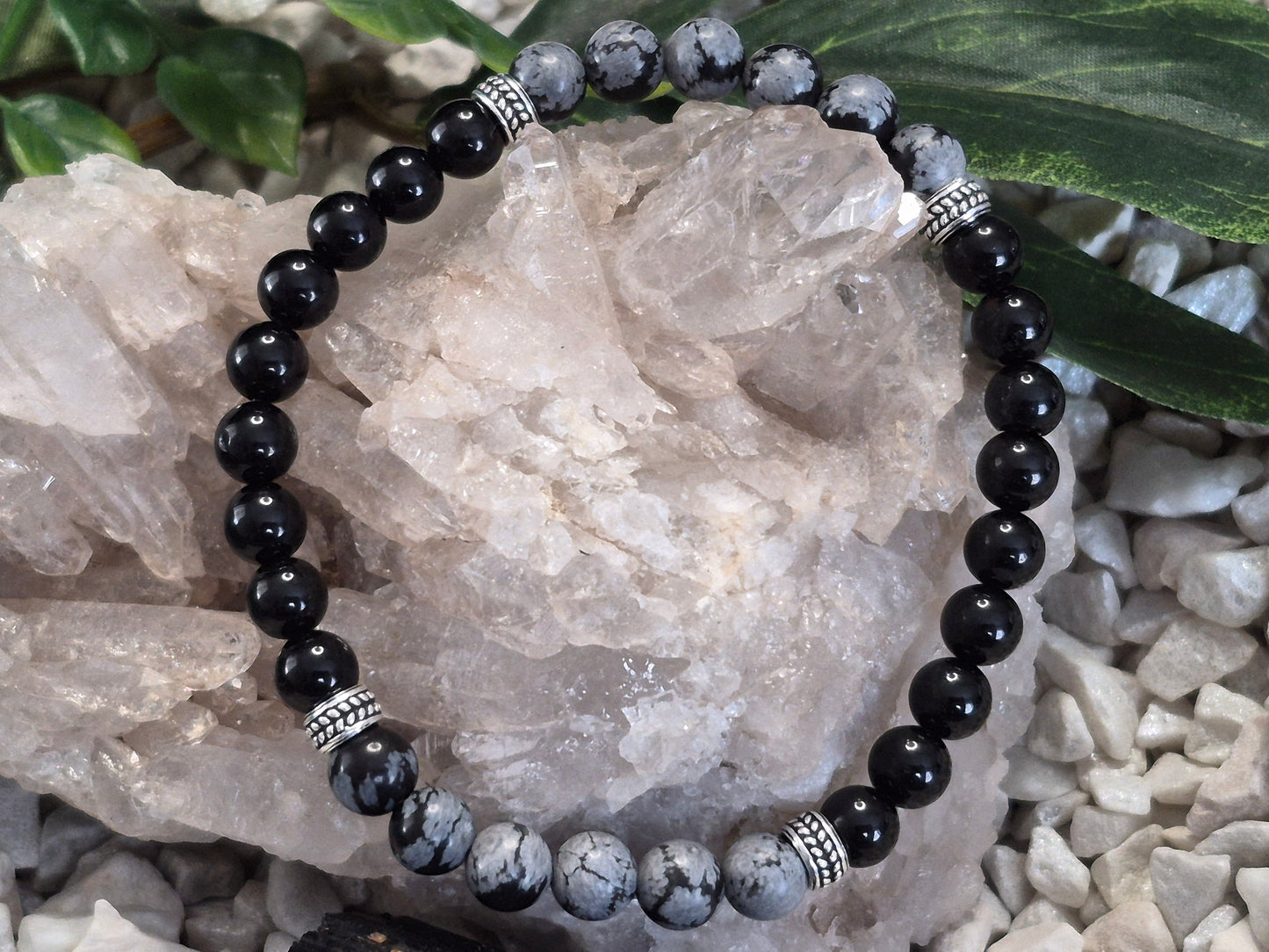 Schwarzer Turmalin kombiniert mit Schneeflockenobsidian Armband mit Zwischenteilen 925 Sterlingsilber