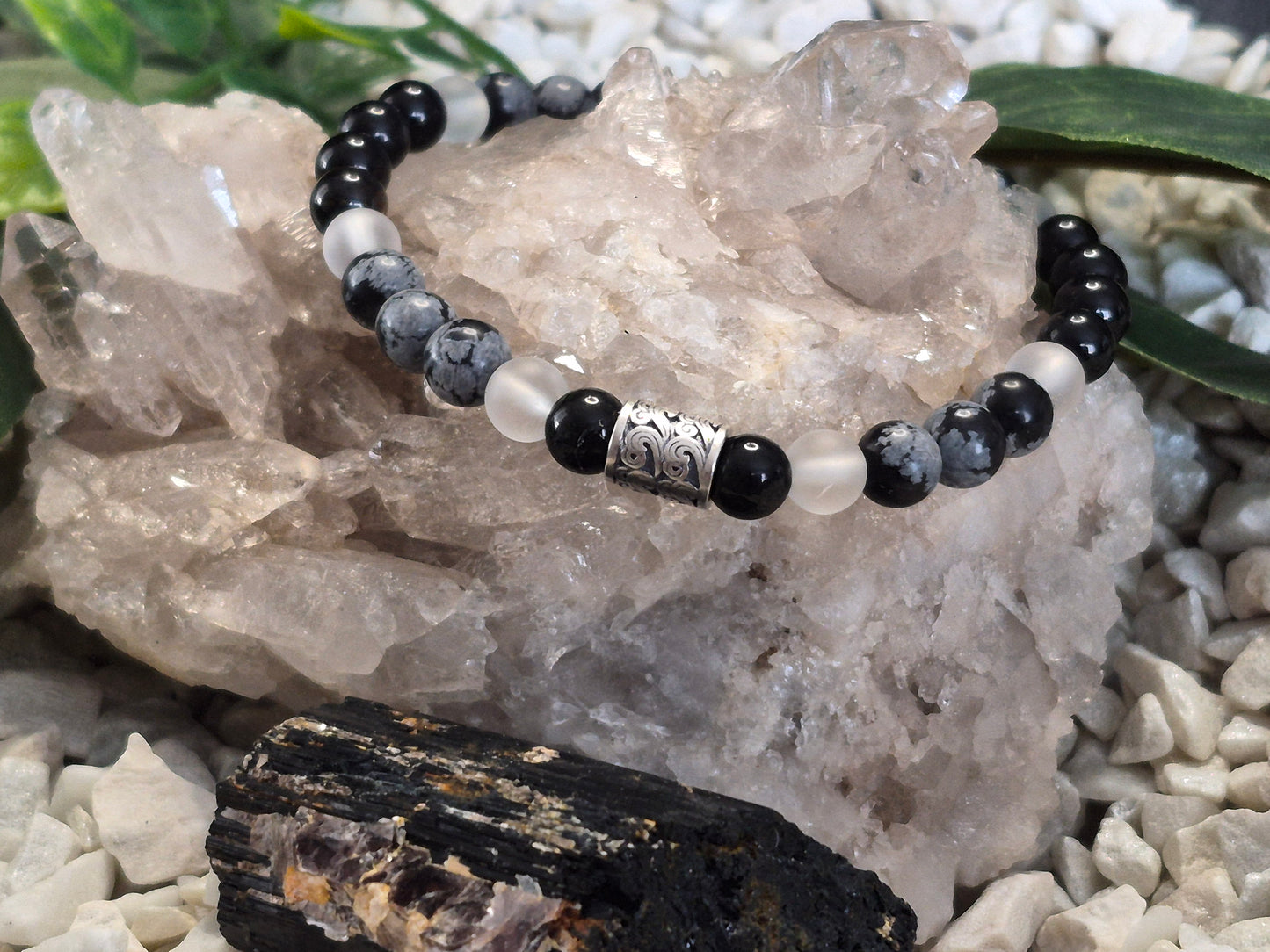 Schwarzem Turmalin, Schneeflockenobsidian & Bergkristall Armband mit Silber-Detail