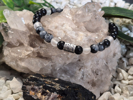 Schwarzem Turmalin, Schneeflockenobsidian & Bergkristall Armband mit Silber-Detail