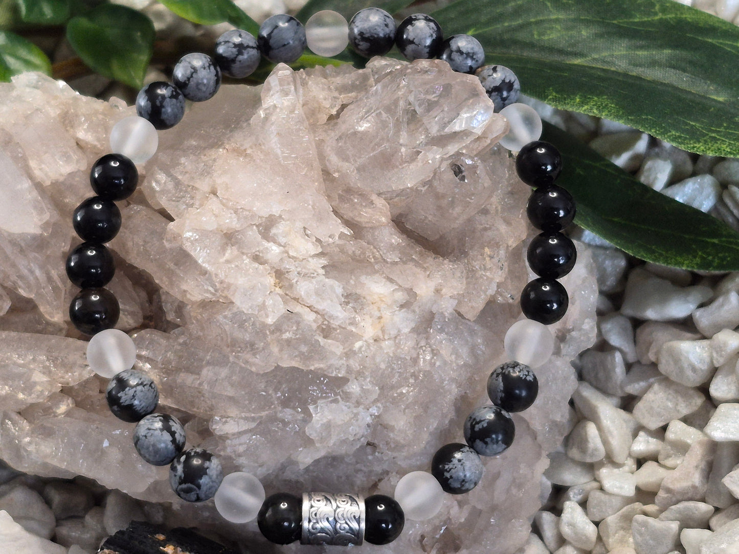 Schwarzem Turmalin, Schneeflockenobsidian & Bergkristall Armband mit Silber-Detail