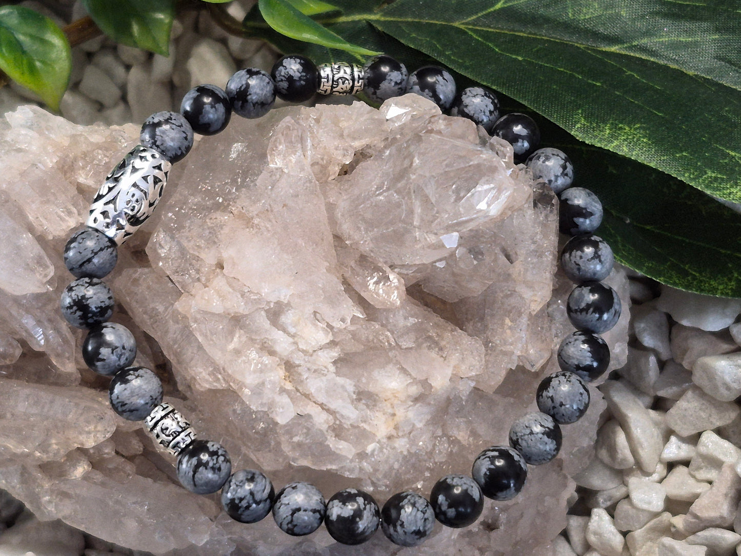 Schneeflockenobsidian Armband mit Glücksperle 925 Sterlingsilber