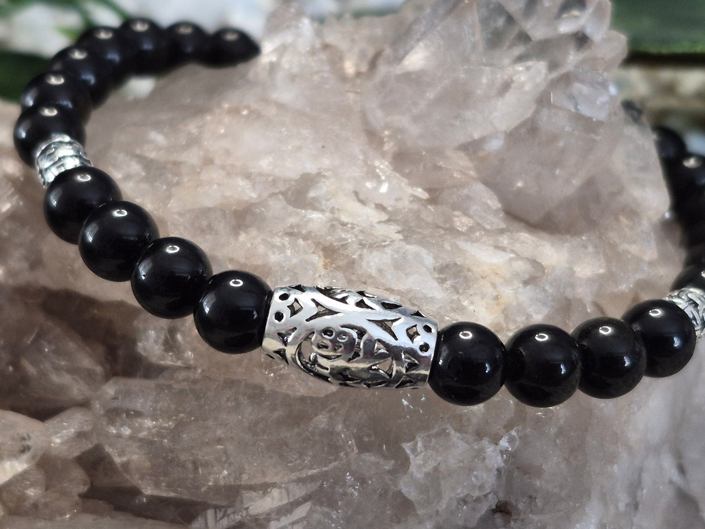 Schwarzes Turmalin Armband mit Glücksperle 925 Sterlingsilber