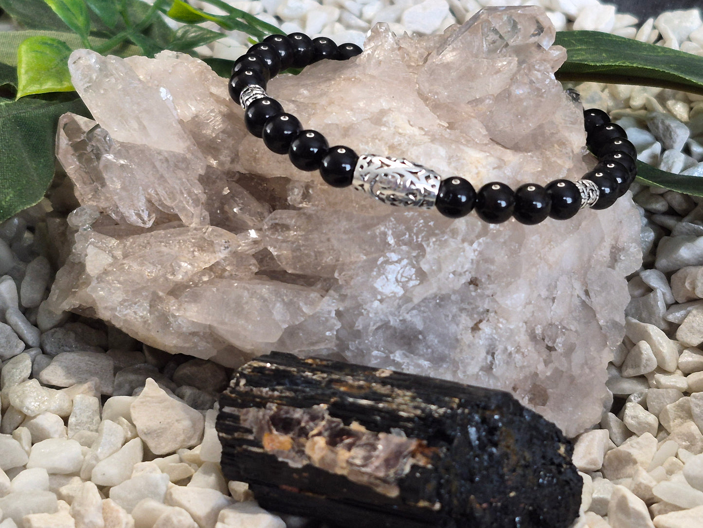 Schwarzes Turmalin Armband mit Glücksperle 925 Sterlingsilber