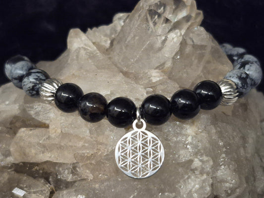 Edelsteinarmband schwarzer Turmalin, Schneeflockenobsidian und Blume des Lebens Anhänger, 925 Sterlingsilber